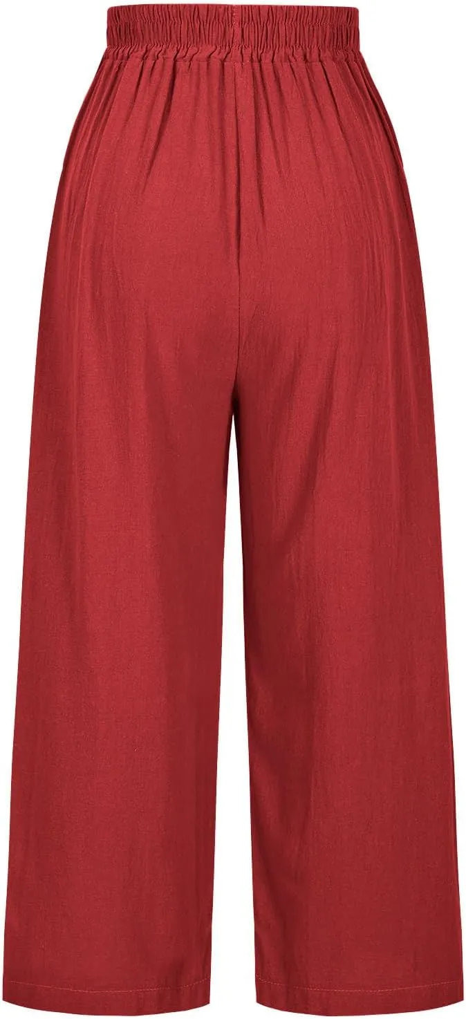 Cotton Linen Crop Pants Women Elastic Waist Vintage Floral Embroidered Cropped Trousers Wide Leg Pants with Pockets