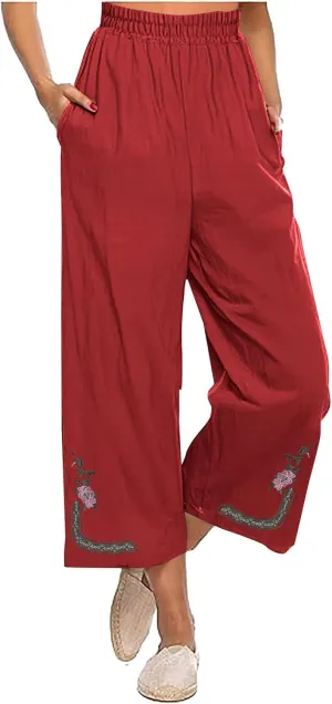 Cotton Linen Crop Pants Women Elastic Waist Vintage Floral Embroidered Cropped Trousers Wide Leg Pants with Pockets