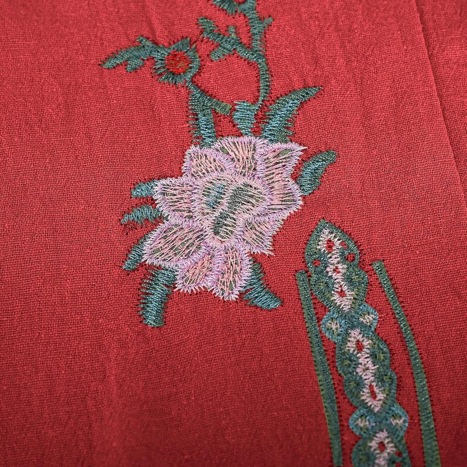 Cotton Linen Crop Pants Women Elastic Waist Vintage Floral Embroidered Cropped Trousers Wide Leg Pants with Pockets