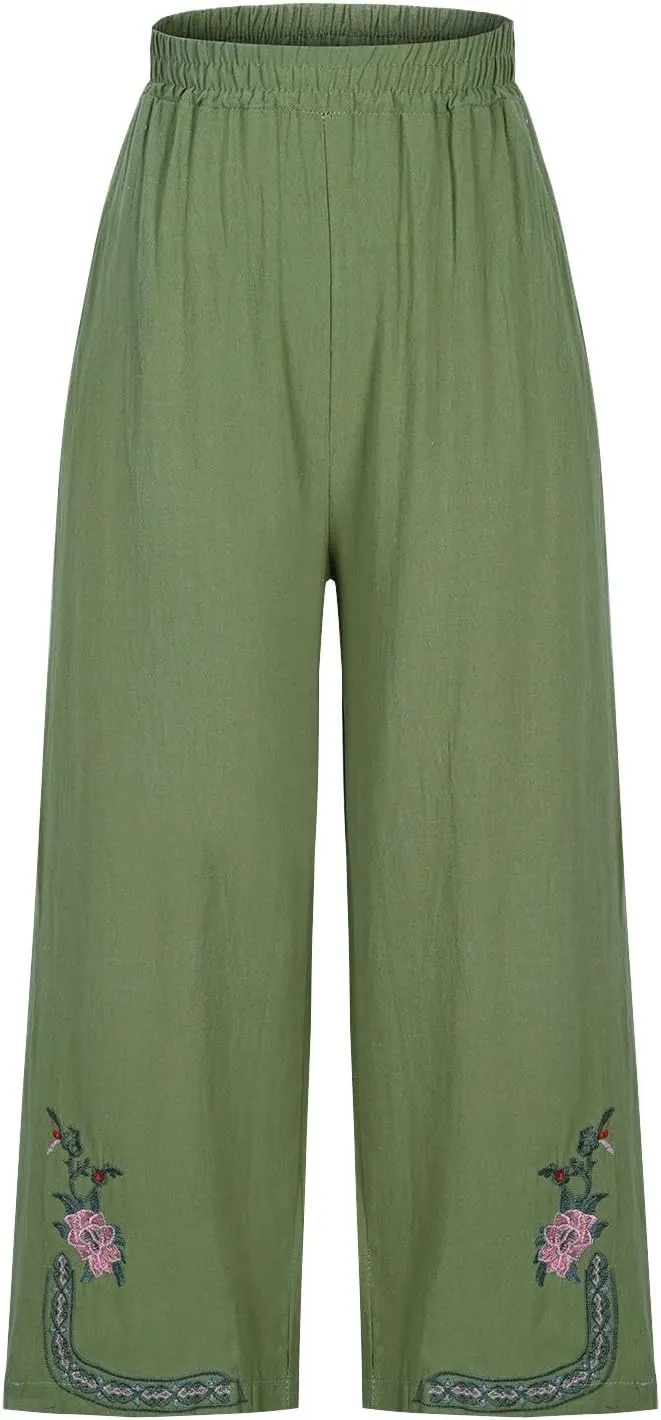 Cotton Linen Crop Pants Women Elastic Waist Vintage Floral Embroidered Cropped Trousers Wide Leg Pants with Pockets