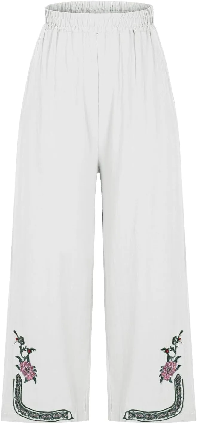 Cotton Linen Crop Pants Women Elastic Waist Vintage Floral Embroidered Cropped Trousers Wide Leg Pants with Pockets