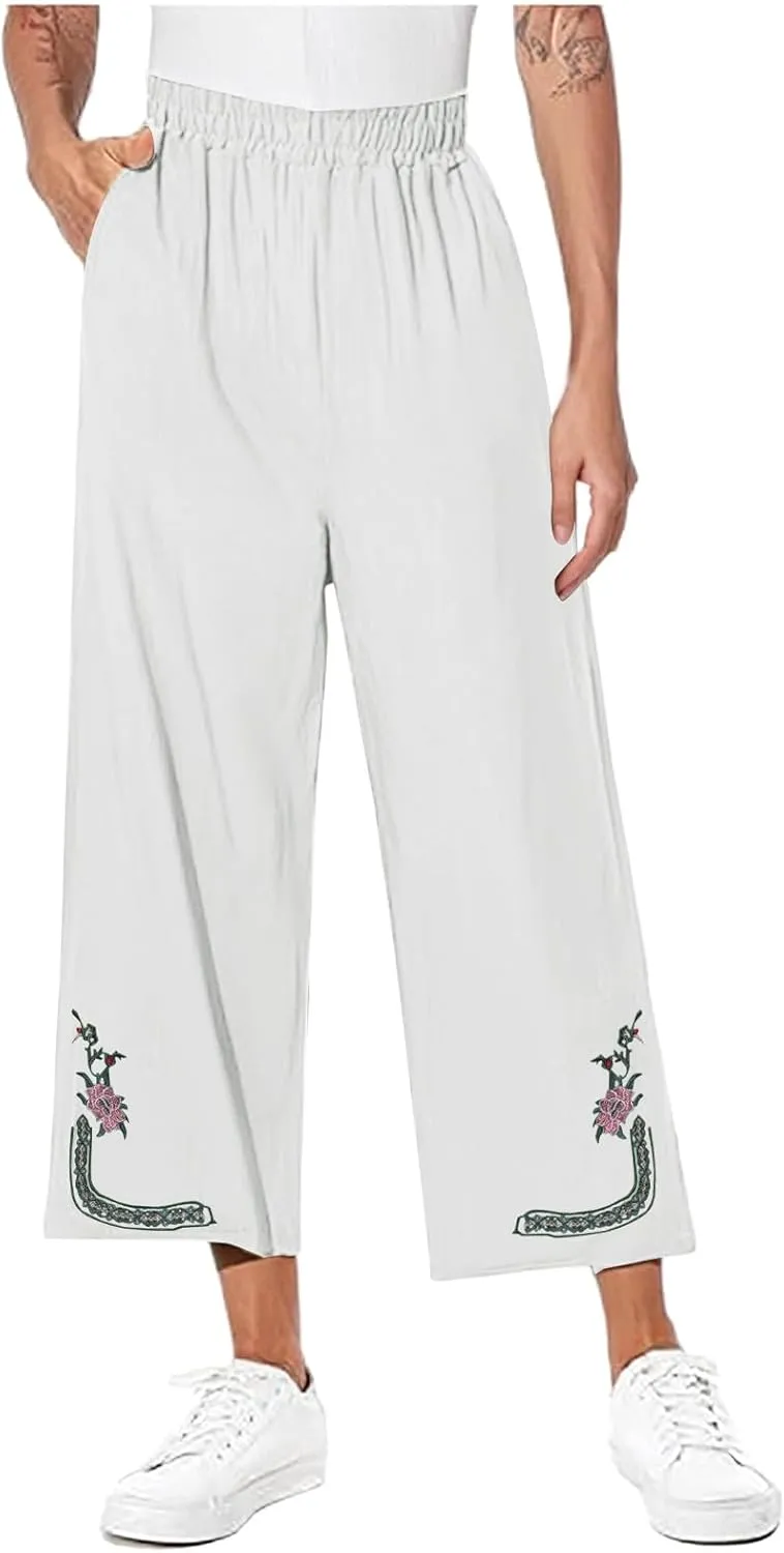 Cotton Linen Crop Pants Women Elastic Waist Vintage Floral Embroidered Cropped Trousers Wide Leg Pants with Pockets