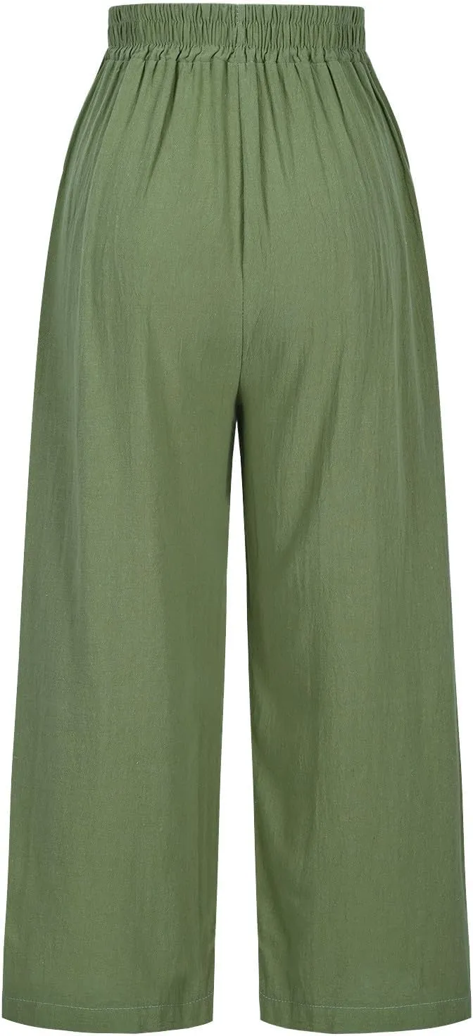 Cotton Linen Crop Pants Women Elastic Waist Vintage Floral Embroidered Cropped Trousers Wide Leg Pants with Pockets
