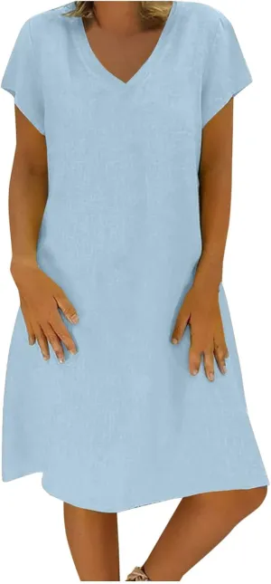 Cotton Linen Dresses for Womens 2024 Trendy Summer Casual Short Sleeve Midi Tshirt Dress Flowy V Neck Beach Sundress