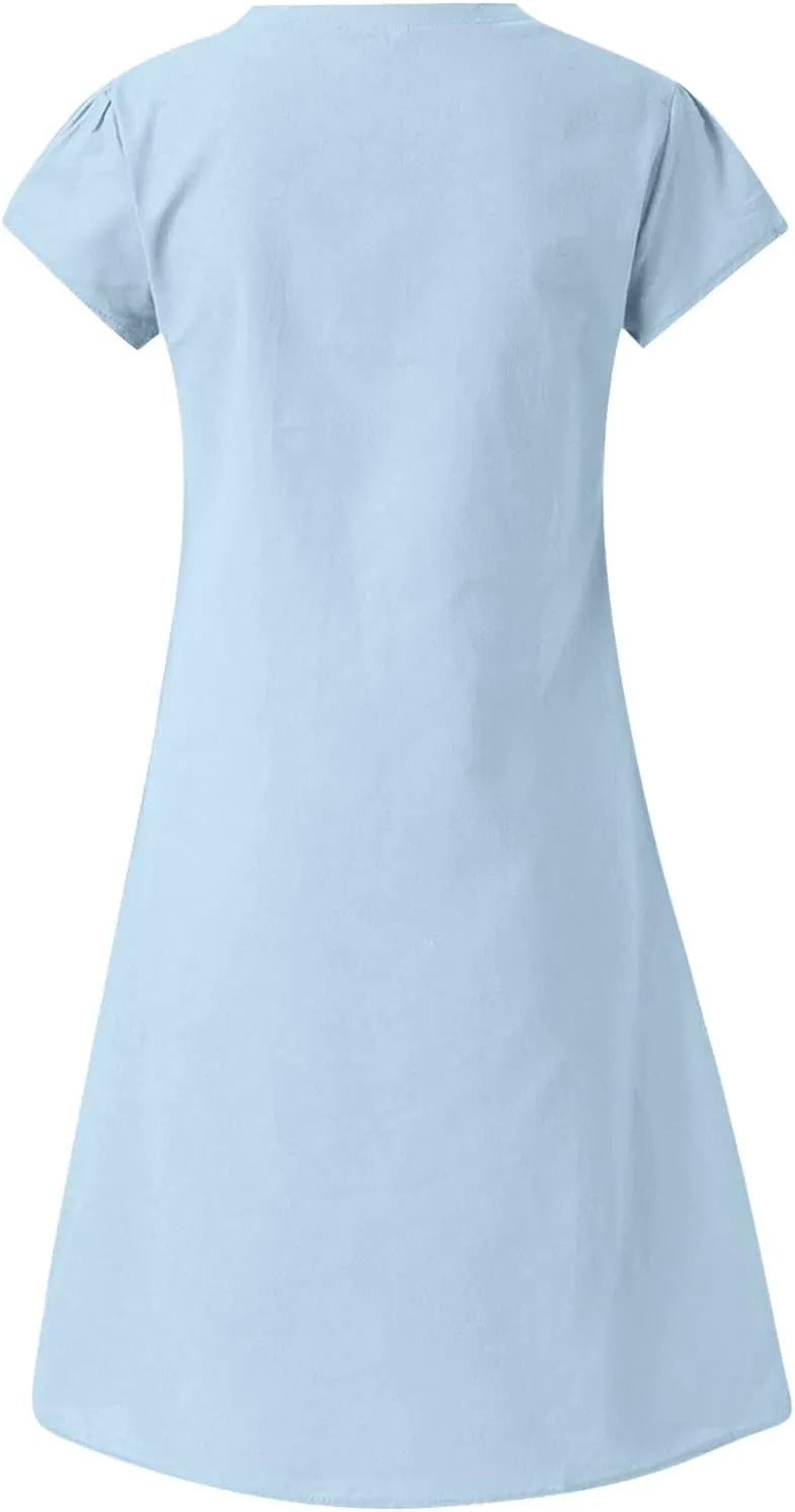 Cotton Linen Dresses for Womens 2024 Trendy Summer Casual Short Sleeve Midi Tshirt Dress Flowy V Neck Beach Sundress