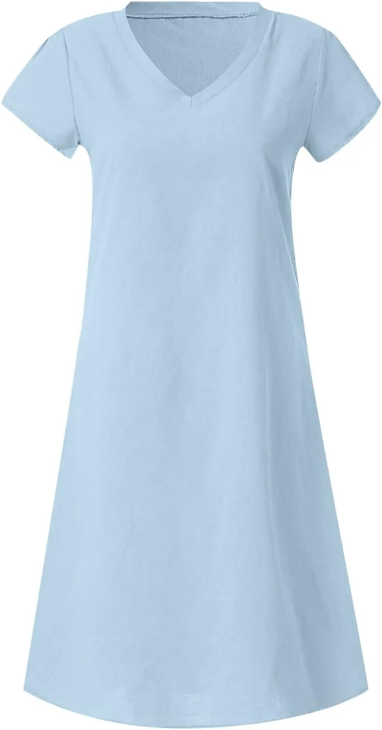 Cotton Linen Dresses for Womens 2024 Trendy Summer Casual Short Sleeve Midi Tshirt Dress Flowy V Neck Beach Sundress