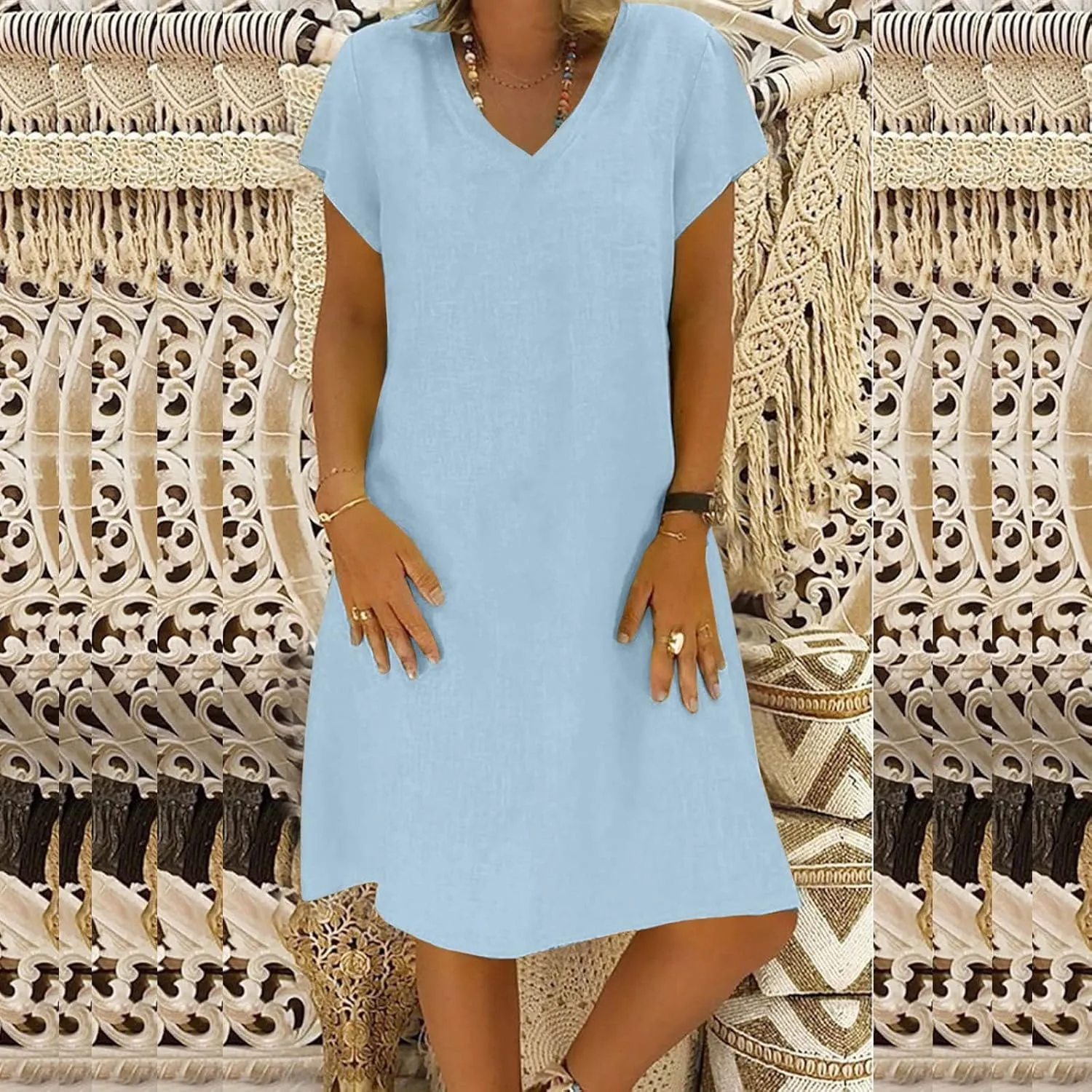 Cotton Linen Dresses for Womens 2024 Trendy Summer Casual Short Sleeve Midi Tshirt Dress Flowy V Neck Beach Sundress