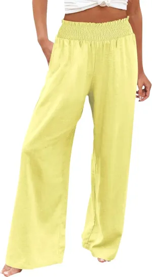 Cotton Linen Pants for Women 2025 Summer Casual Loose Wide Leg Palazzo Pants Smocked High Waist Beach Trousers Outfits