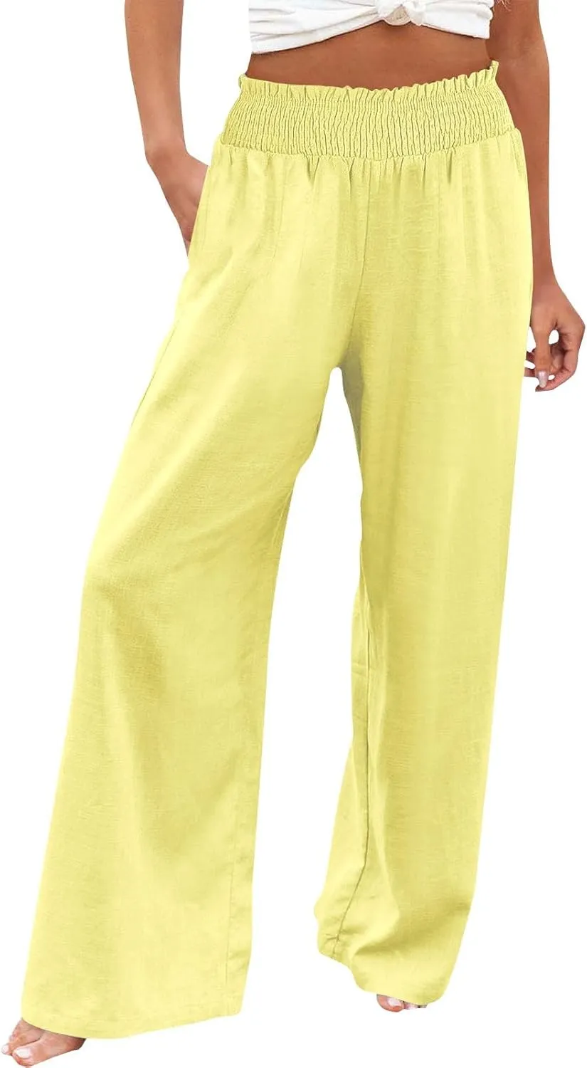 Cotton Linen Pants for Women 2025 Summer Casual Loose Wide Leg Palazzo Pants Smocked High Waist Beach Trousers Outfits