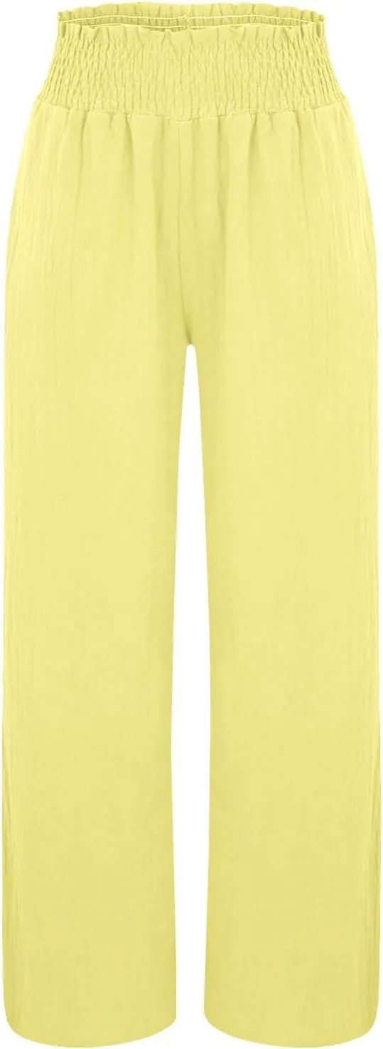 Cotton Linen Pants for Women 2025 Summer Casual Loose Wide Leg Palazzo Pants Smocked High Waist Beach Trousers Outfits