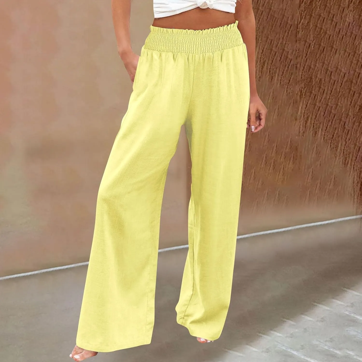 Cotton Linen Pants for Women 2025 Summer Casual Loose Wide Leg Palazzo Pants Smocked High Waist Beach Trousers Outfits