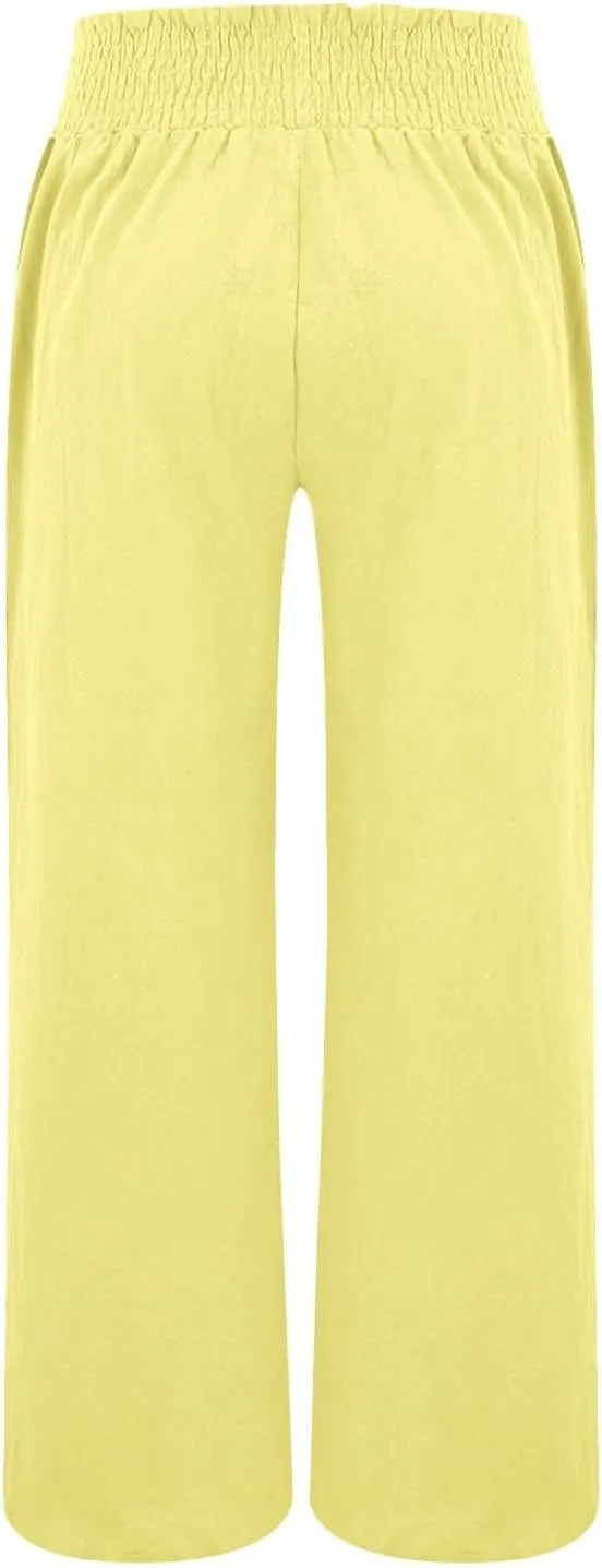 Cotton Linen Pants for Women 2025 Summer Casual Loose Wide Leg Palazzo Pants Smocked High Waist Beach Trousers Outfits