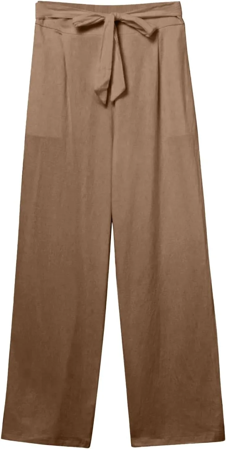 Cotton Linen Pants for Women Plus Size Business Casual Dress Pants Summer Tie Knot Wide Leg Pant Work Pants