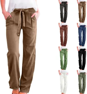 Cotton Linen Pants for Women Plus Size Business Casual Dress Pants Summer Tie Knot Wide Leg Pant Work Pants