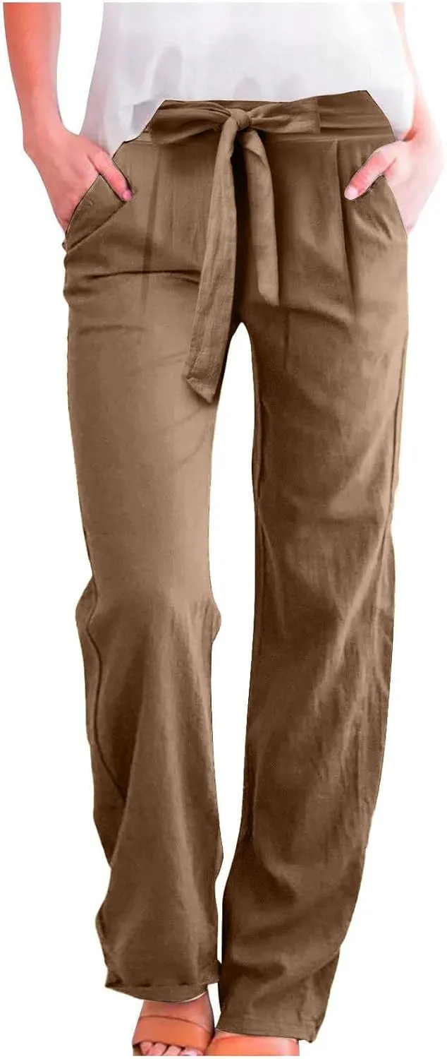 Cotton Linen Pants for Women Plus Size Business Casual Dress Pants Summer Tie Knot Wide Leg Pant Work Pants