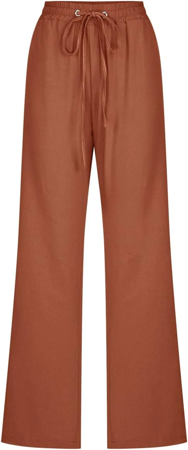 Cotton Linen Pants for Women Plus Size Straight Leg Sweatpants Summer Cropped Elastic Waist Trousers with Pockets