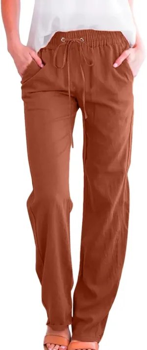 Cotton Linen Pants for Women Plus Size Straight Leg Sweatpants Summer Cropped Elastic Waist Trousers with Pockets