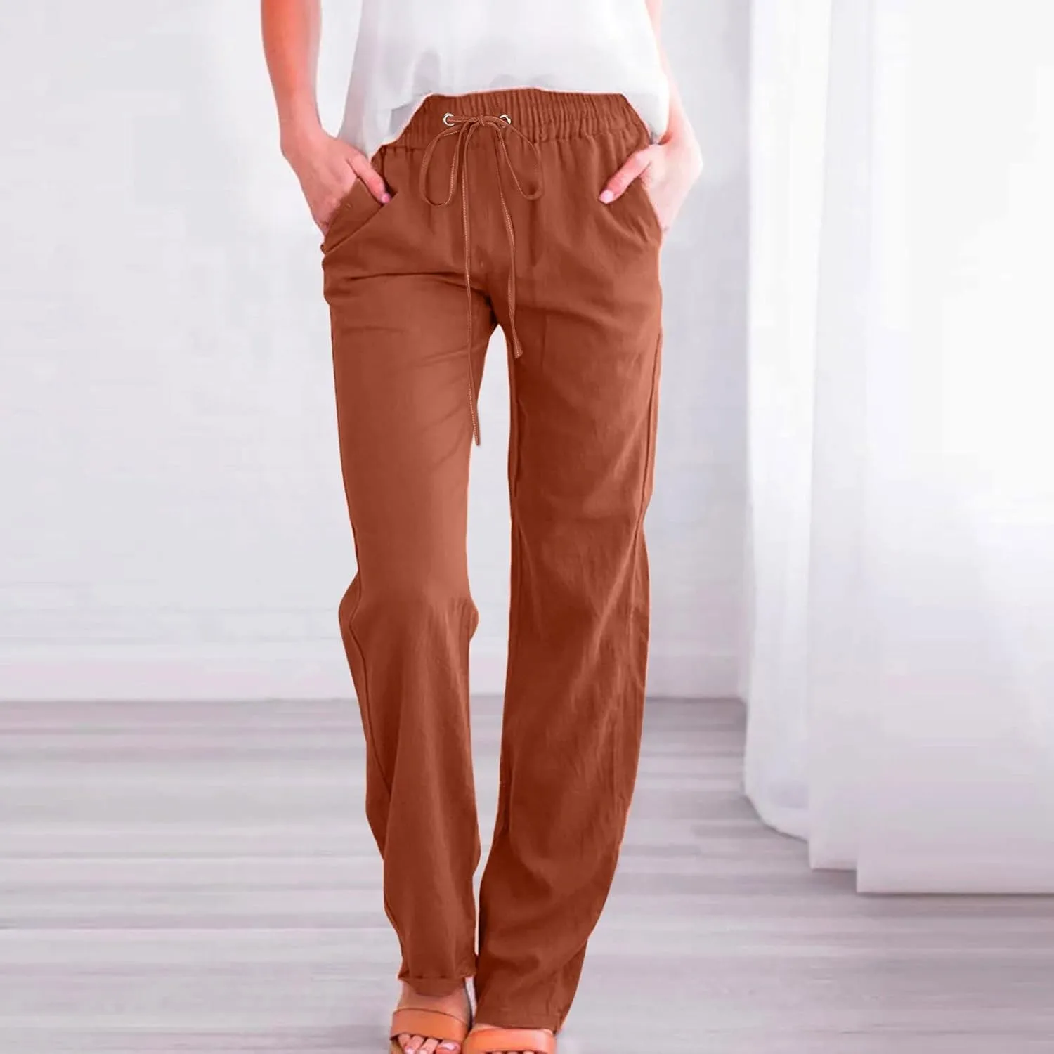 Cotton Linen Pants for Women Plus Size Straight Leg Sweatpants Summer Cropped Elastic Waist Trousers with Pockets