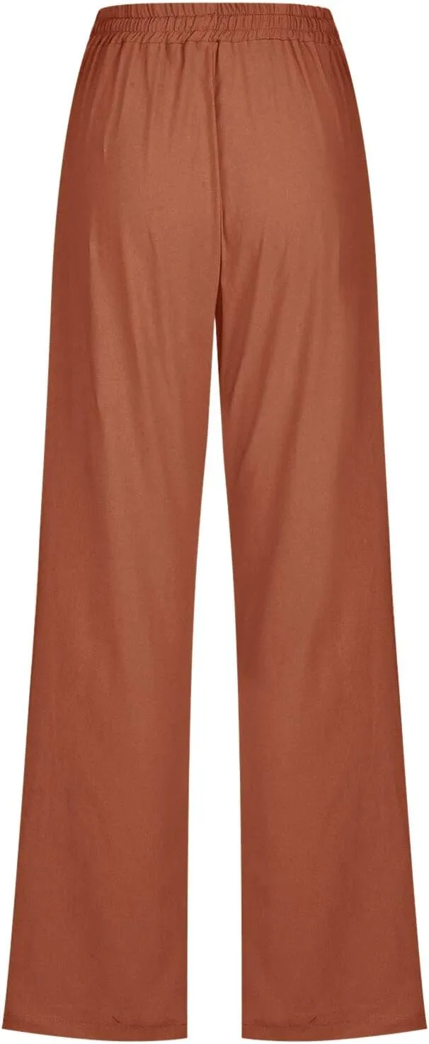 Cotton Linen Pants for Women Plus Size Straight Leg Sweatpants Summer Cropped Elastic Waist Trousers with Pockets