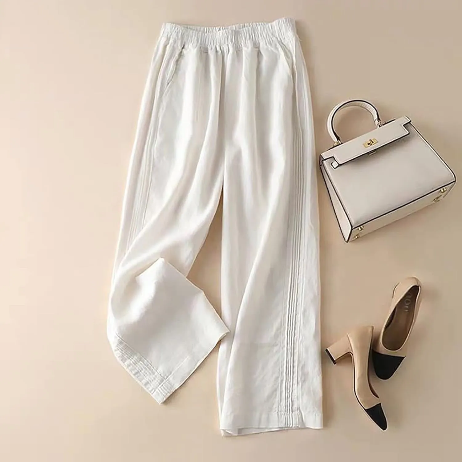 Cotton Linen Pants for Women Summer Casual Loose Wide Leg Pants Drawstring Waisted Straight with Pockets Trouser