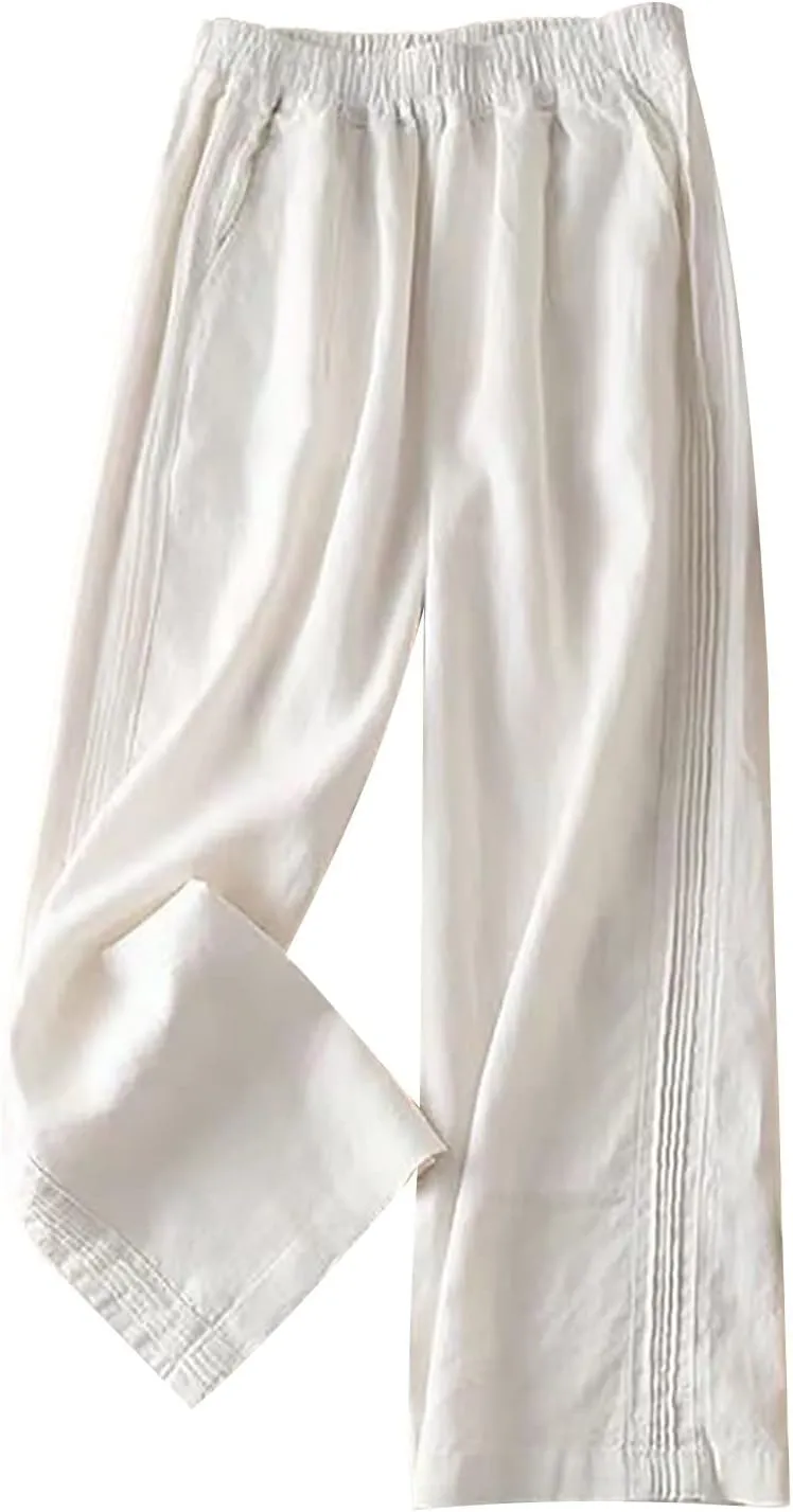 Cotton Linen Pants for Women Summer Casual Loose Wide Leg Pants Drawstring Waisted Straight with Pockets Trouser
