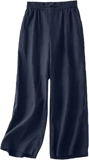 Cotton Linen Pants for Women Trendy Casual Elastic High Waisted Straight Leg Long Pants Solid Color Lounge Trousers