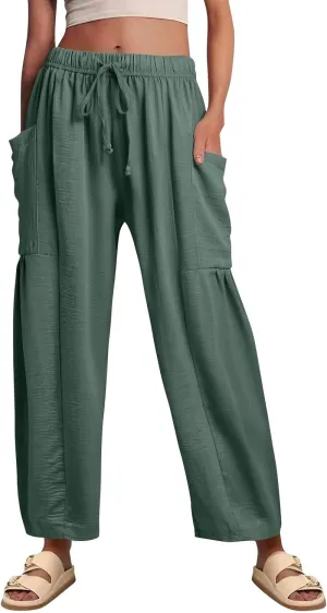 Cotton Linen Pants Women Capri Wide Leg Pants Palazzo Lounge Pant Drawstring Summer Beach Harem Pant with Pockets