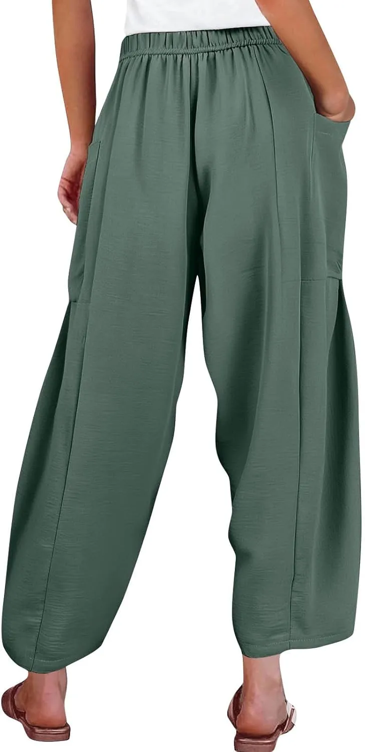 Cotton Linen Pants Women Capri Wide Leg Pants Palazzo Lounge Pant Drawstring Summer Beach Harem Pant with Pockets