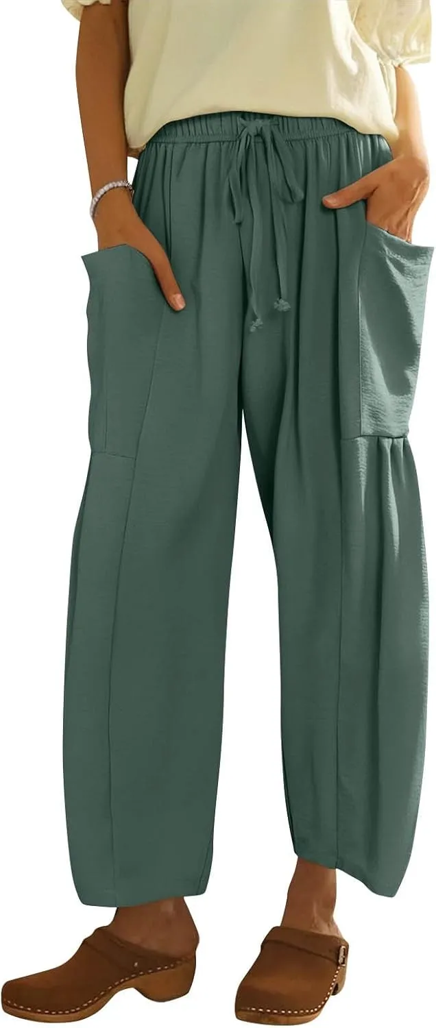 Cotton Linen Pants Women Capri Wide Leg Pants Palazzo Lounge Pant Drawstring Summer Beach Harem Pant with Pockets