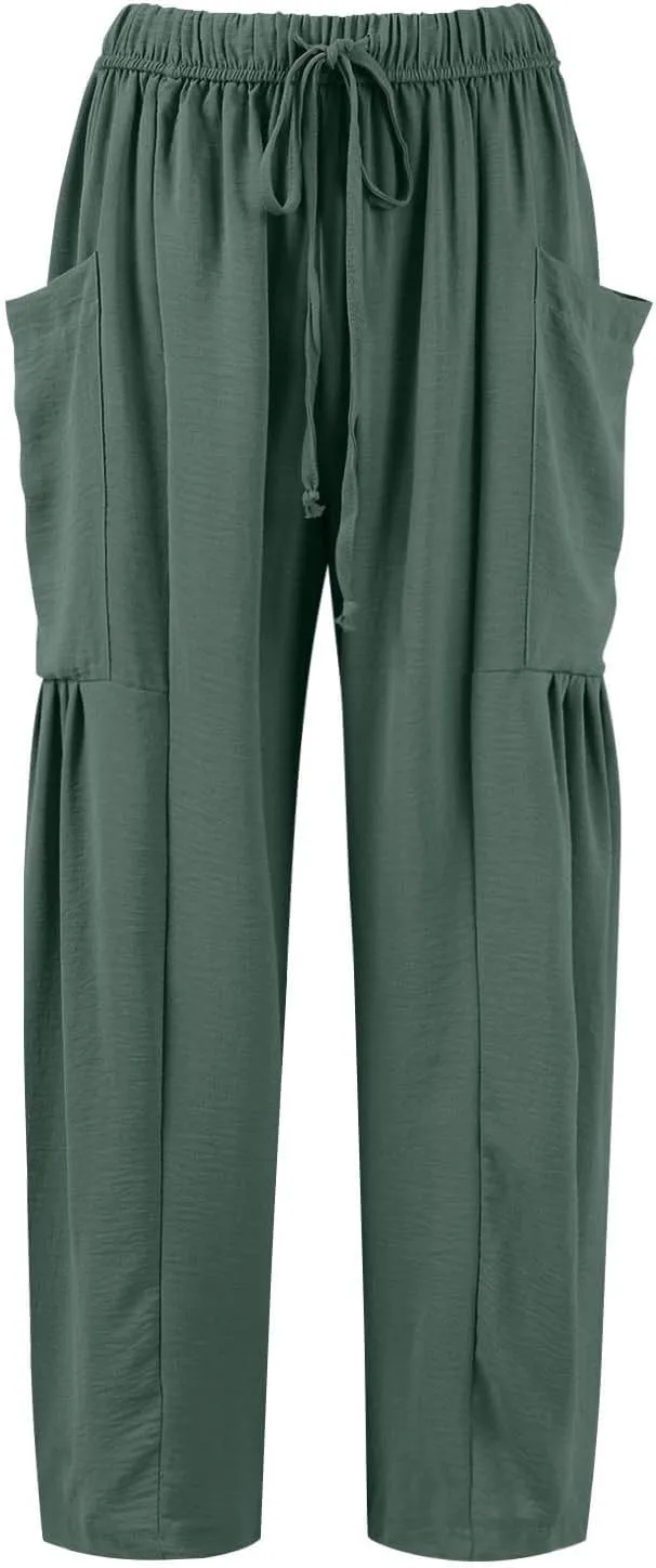 Cotton Linen Pants Women Capri Wide Leg Pants Palazzo Lounge Pant Drawstring Summer Beach Harem Pant with Pockets
