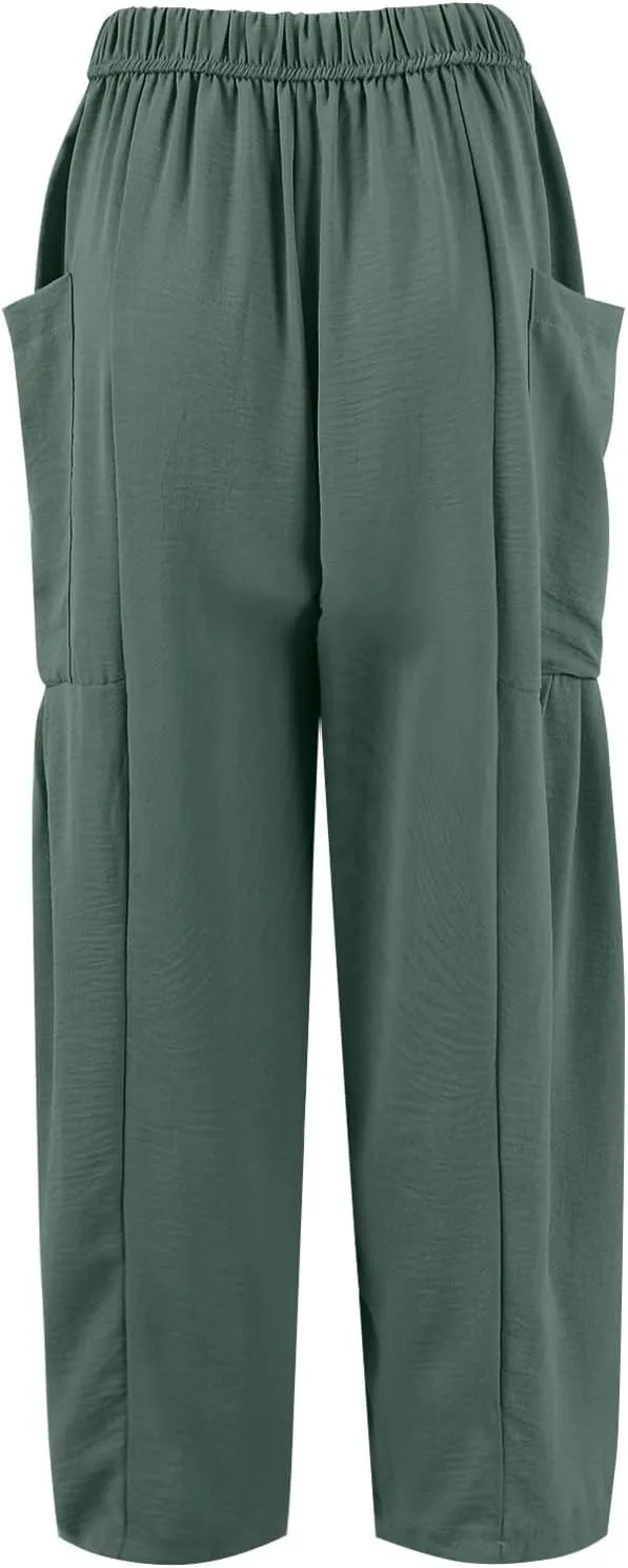 Cotton Linen Pants Women Capri Wide Leg Pants Palazzo Lounge Pant Drawstring Summer Beach Harem Pant with Pockets