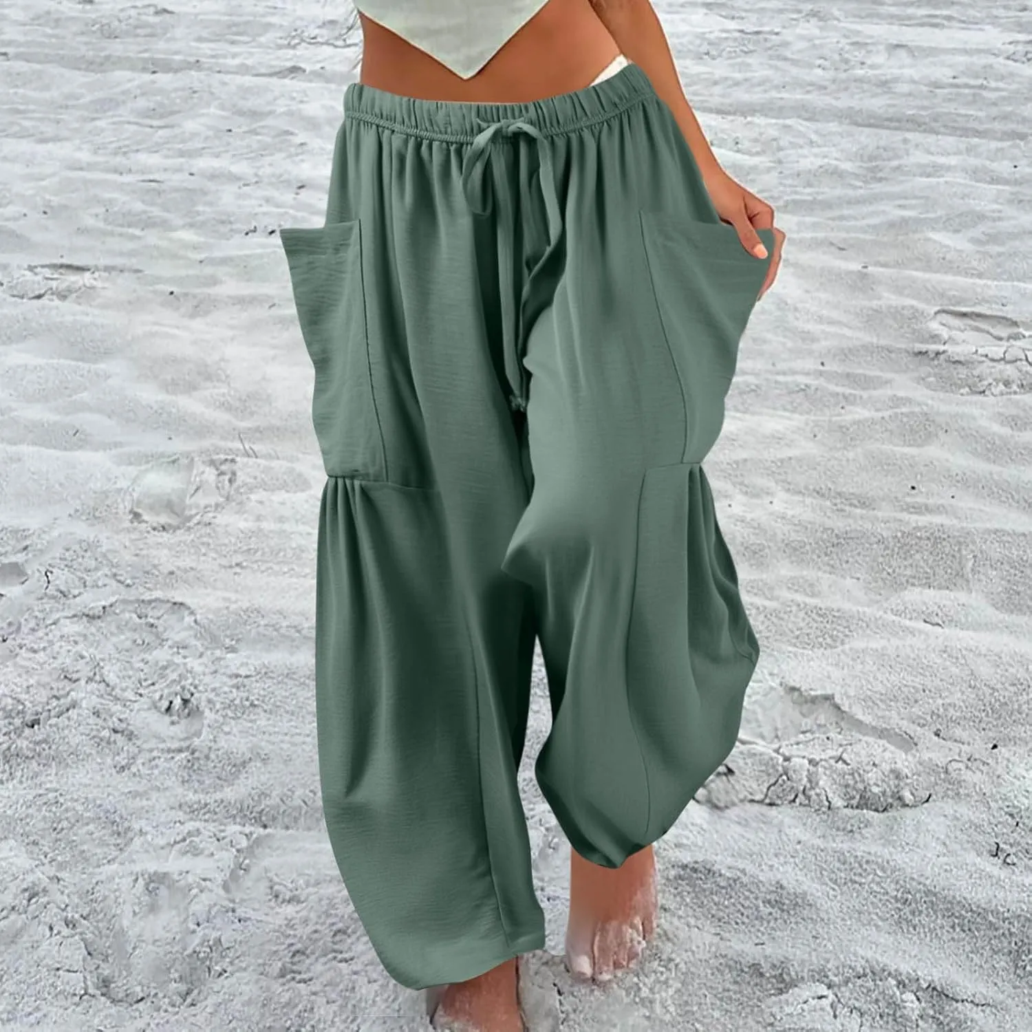 Cotton Linen Pants Women Capri Wide Leg Pants Palazzo Lounge Pant Drawstring Summer Beach Harem Pant with Pockets