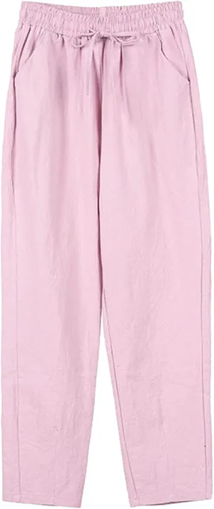 Cotton Linen Pants Women Casual High Waist Drawstring Baggy Trousers Straight Wide Leg Yoga Pants with Pockets