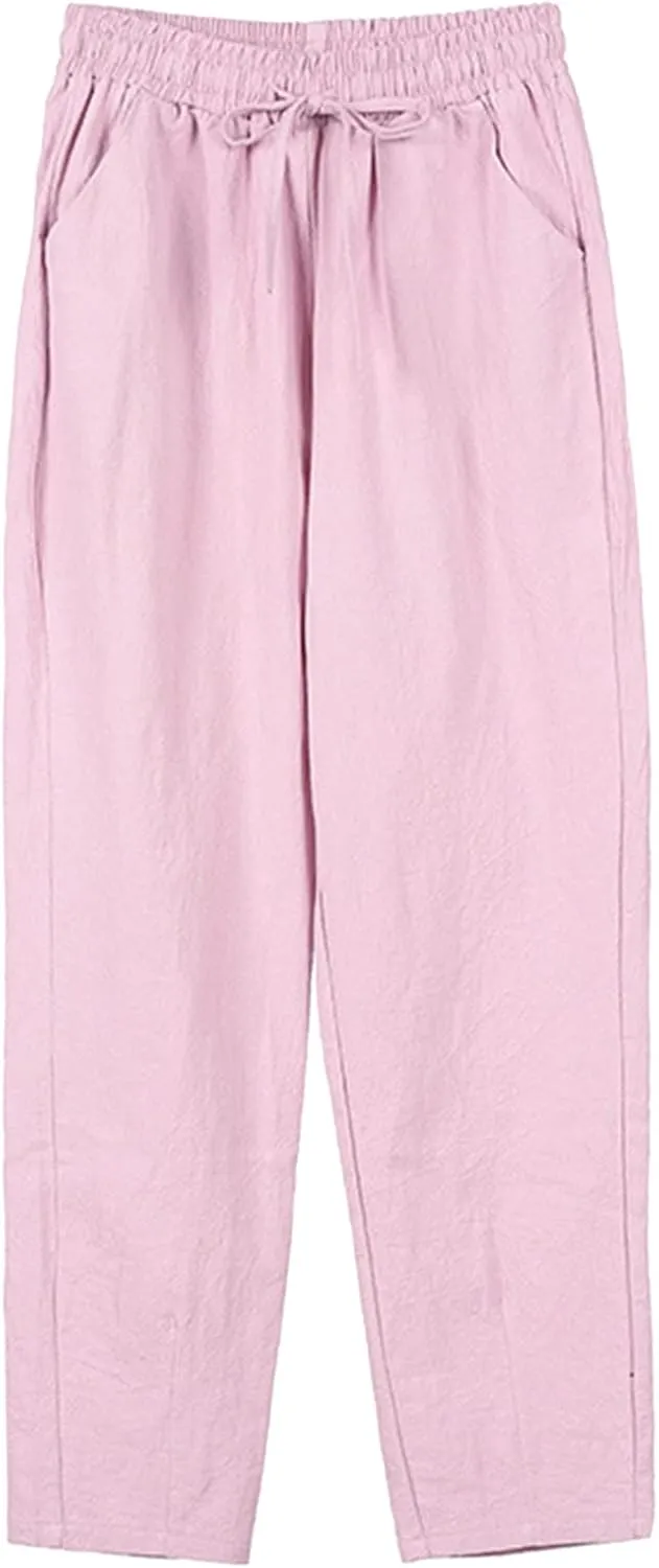 Cotton Linen Pants Women Casual High Waist Drawstring Baggy Trousers Straight Wide Leg Yoga Pants with Pockets