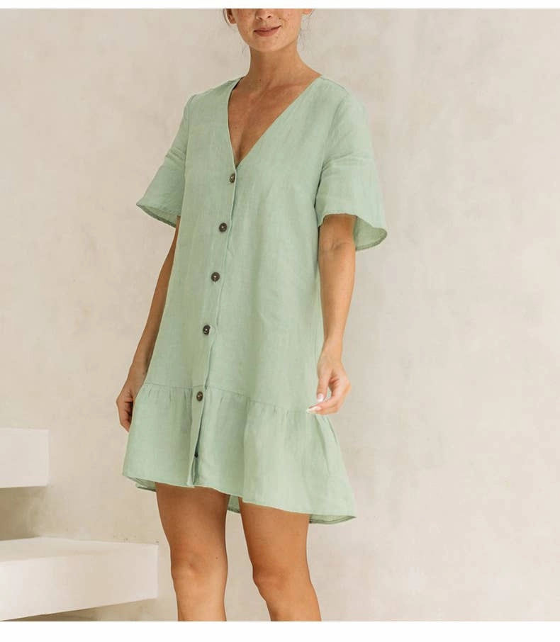 COTTON AND LINEN V-NECK SINGLE-BREASTED DRESS_CWDSD4144 Hand-Wash