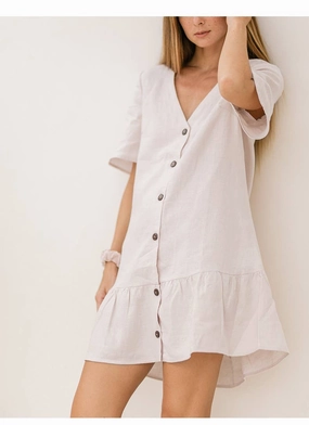 Trend Glow Statement Neck COTTON AND LINEN V-NECK SINGLE-BREASTED DRESS_CWDSD4144