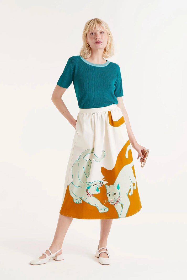 Cotton Midi Skirt in Jungle Print Soft Movement Rolled Hem