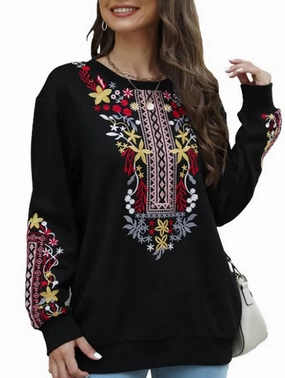 StretchComfort Odor Resistant COTTON PLUS-SIZE V-NECK ETHNIC EMBROIDERED HOODIE_CWTBLL0826