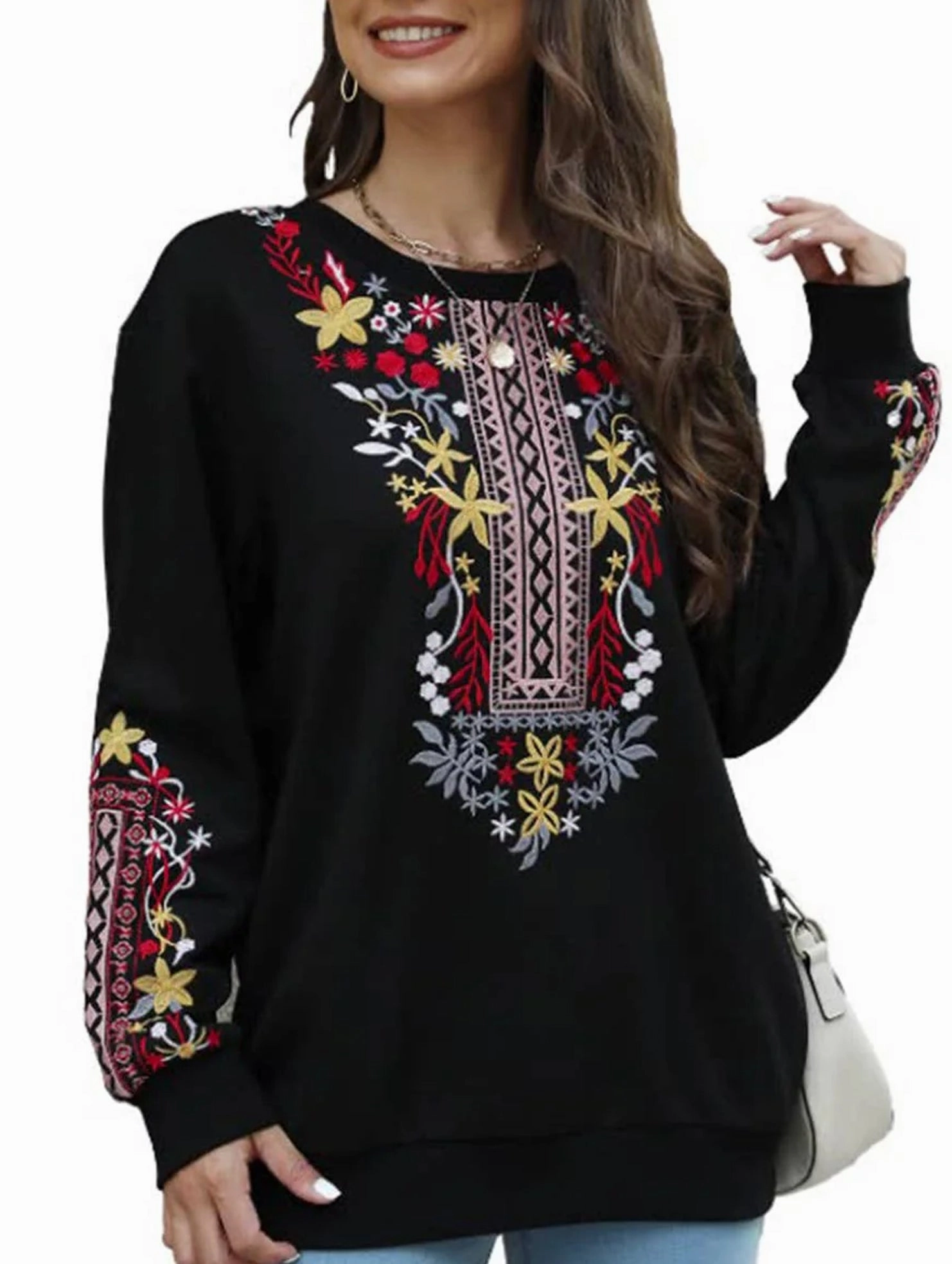 StretchComfort Odor Resistant COTTON PLUS-SIZE V-NECK ETHNIC EMBROIDERED HOODIE_CWTBLL0826