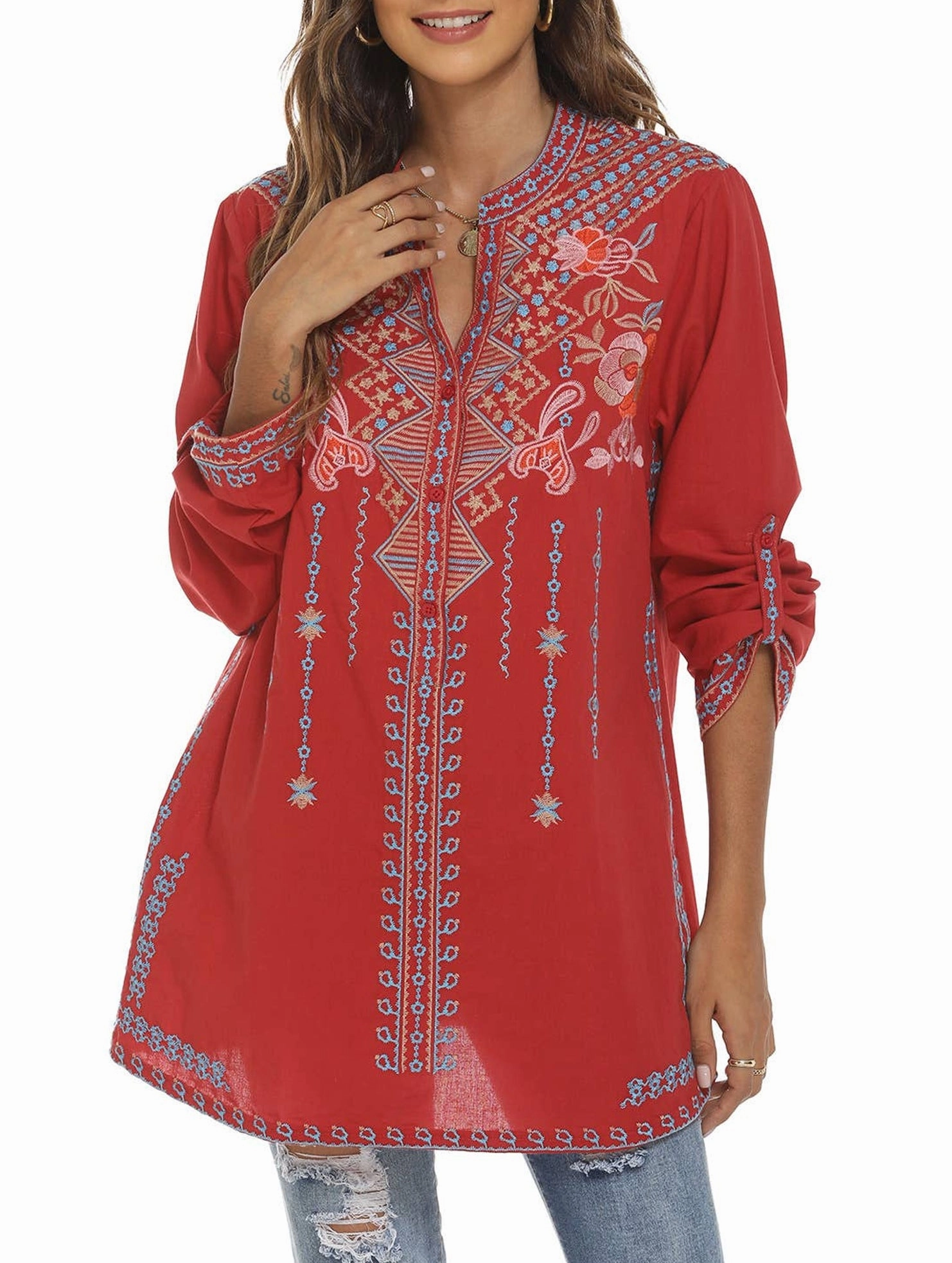 Recycled Material Blend COTTON STAND-UP COLLAR EMBROIDERED SHIRT_CWTBLL0819