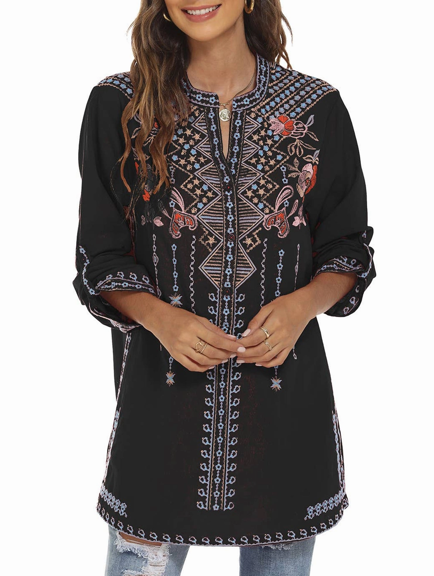 COTTON STAND-UP COLLAR EMBROIDERED SHIRT_CWTBLL0819 Bold Patterns Curved Hemline