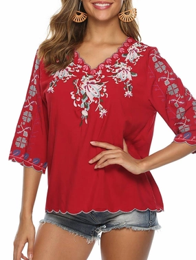 COTTON V-NECK FLORAL EMBROIDERED TOP_CWTBLL0824 Tagless Comfort NonChafe Lining