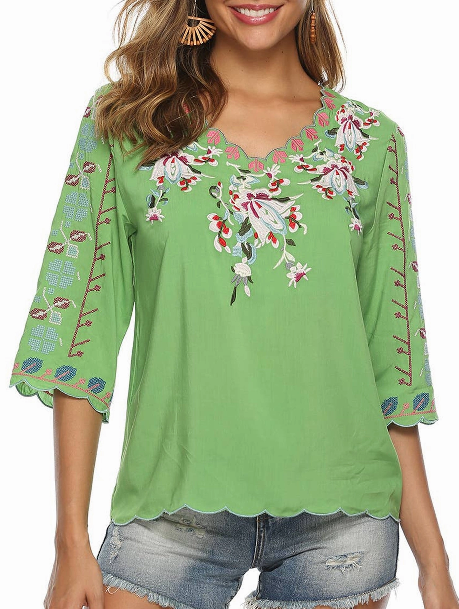 AntiPill Texture COTTON V-NECK FLORAL EMBROIDERED TOP_CWTBLL0824