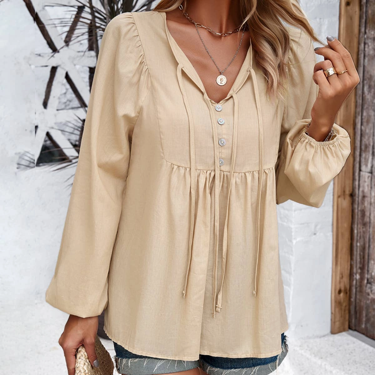 COTTON WICKING V COLLAR BLOUSE_CWTBLL0779 Versatile Layering Piece MoistureWicking Technology