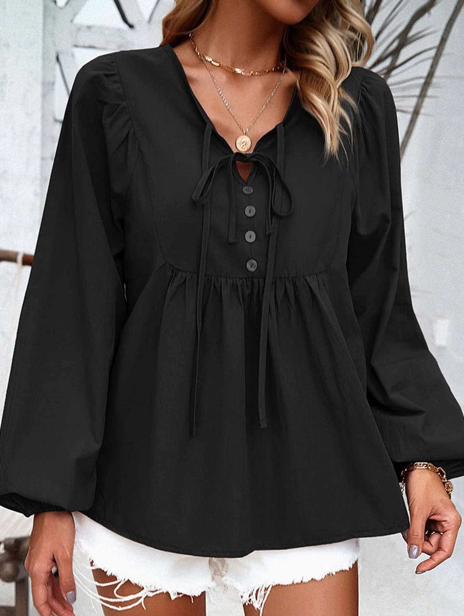 COTTON WICKING V COLLAR BLOUSE_CWTBLL0779 RawEdgedDesign Bonded Hemline