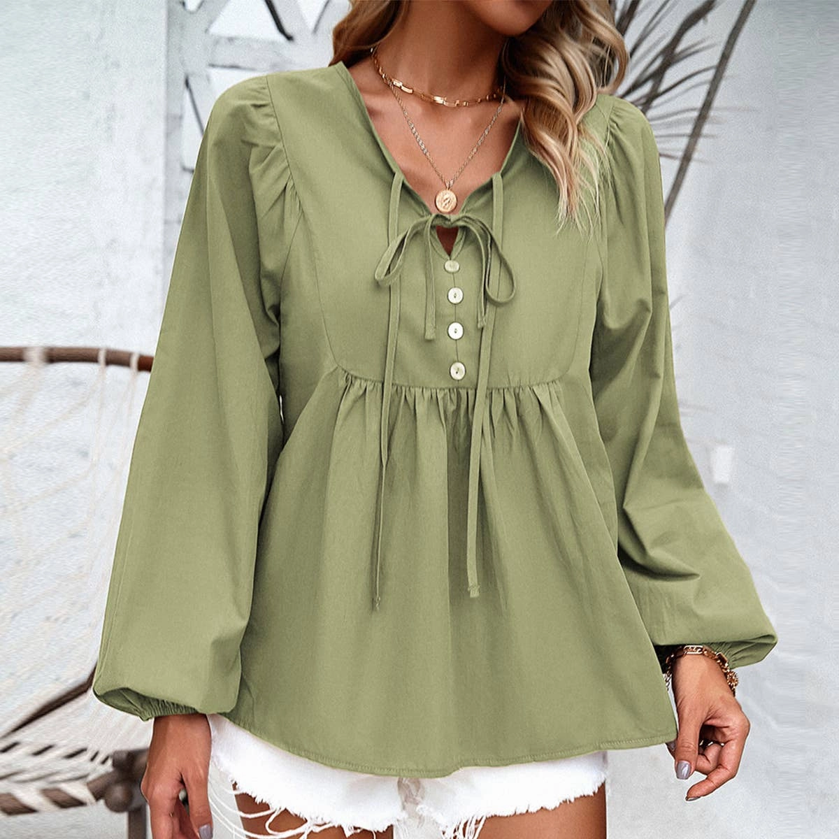 COTTON WICKING V COLLAR BLOUSE_CWTBLL0779 Smooth Zipper Integration