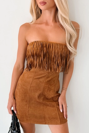 Office Fit Side Slit Country Dreams Suede Fringe Mini Dress (Brown)
