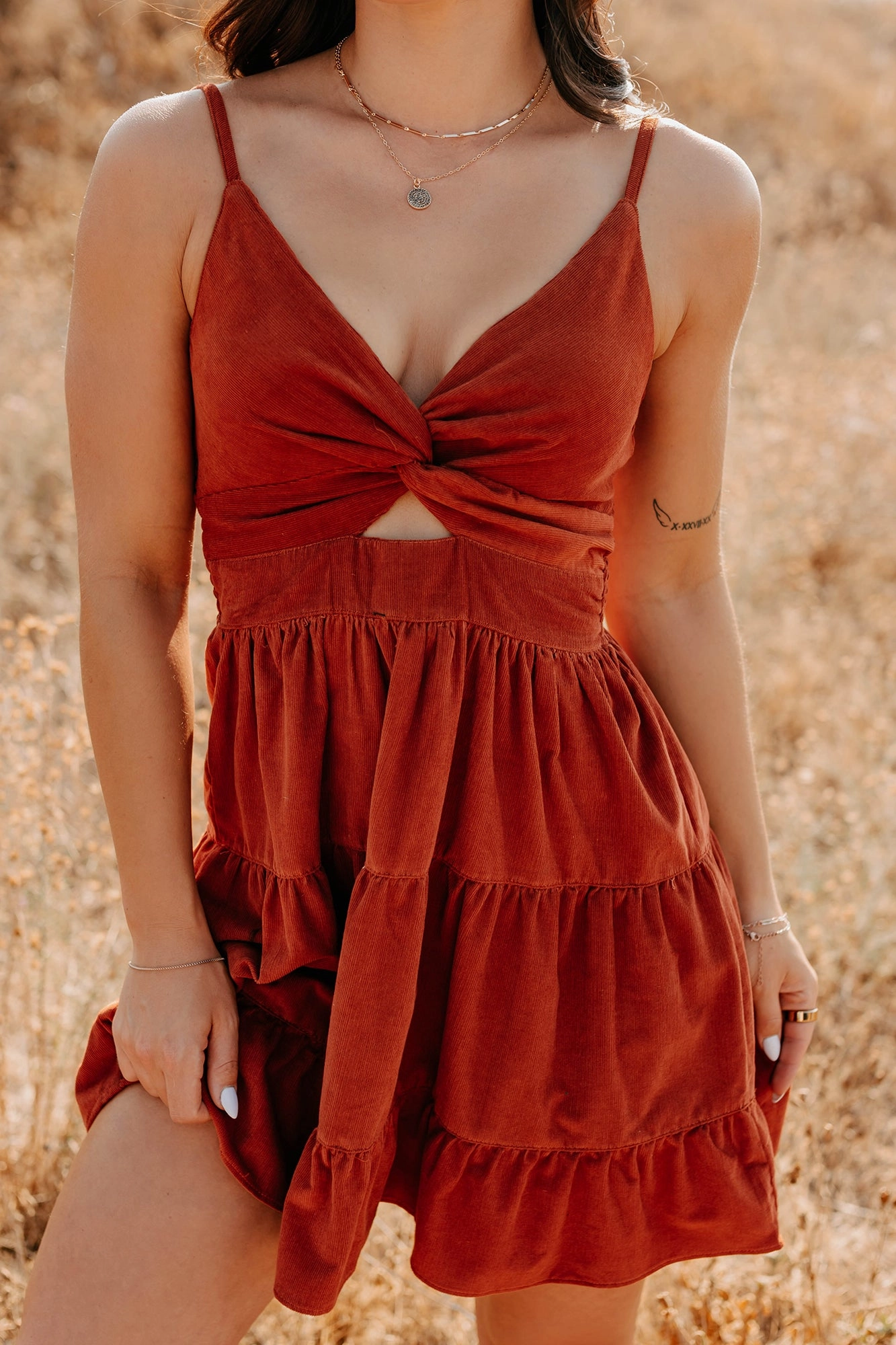 Elegant Fabric Country Things Sleeveless Corduroy Mini Dress (Terracota)