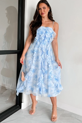 Elegant Piece Stud-Detail DOORBUSTER Profess Your Love Ruffle Floral Midi Dress (Blue Floral)