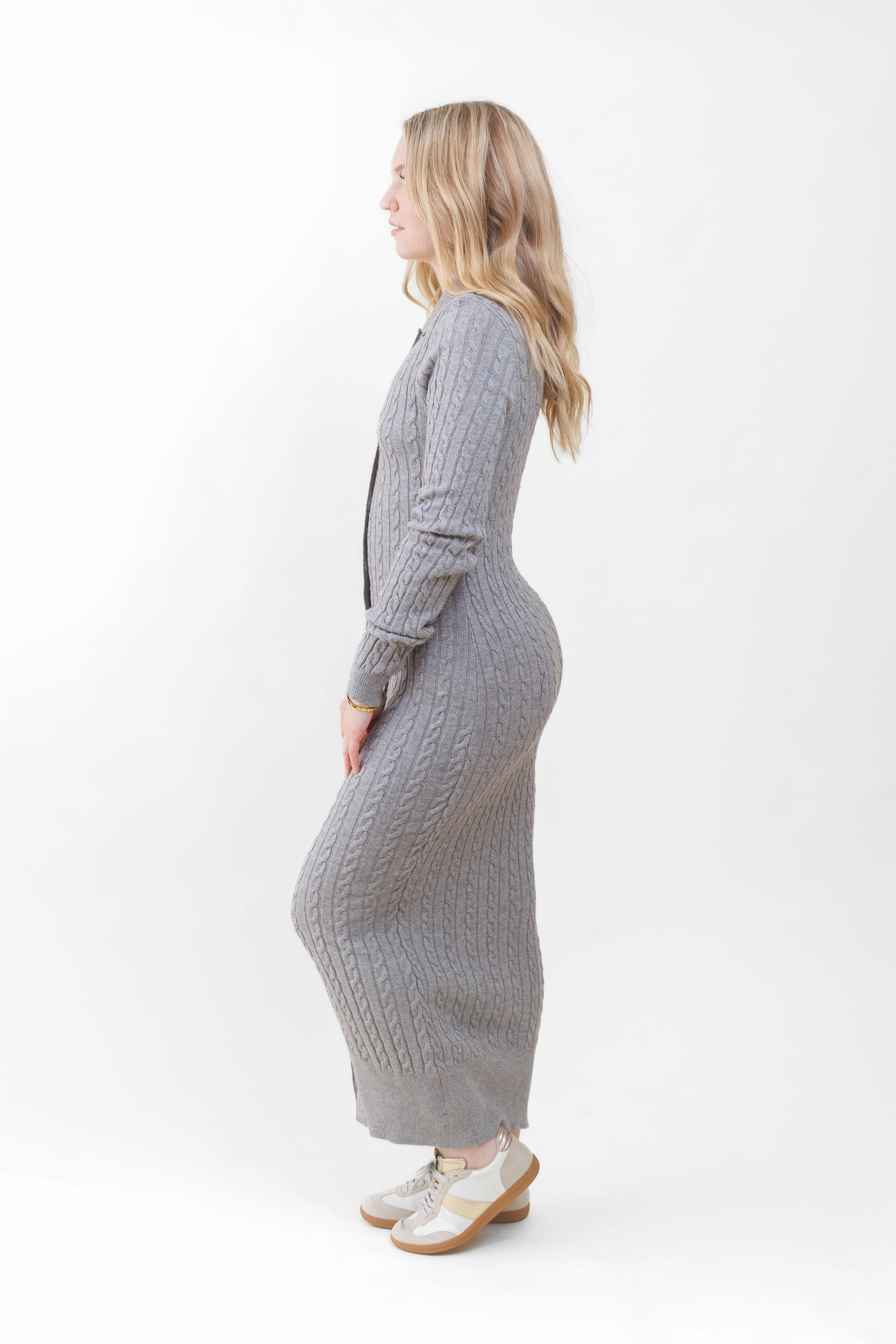 ELLIE CABLE KNIT MIDI DRESS Dew Glow Refined Stitch